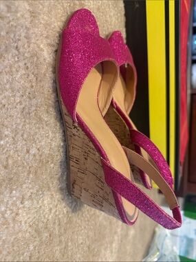 JustFab Hot Pink Glitter Cork Wedge Sandals